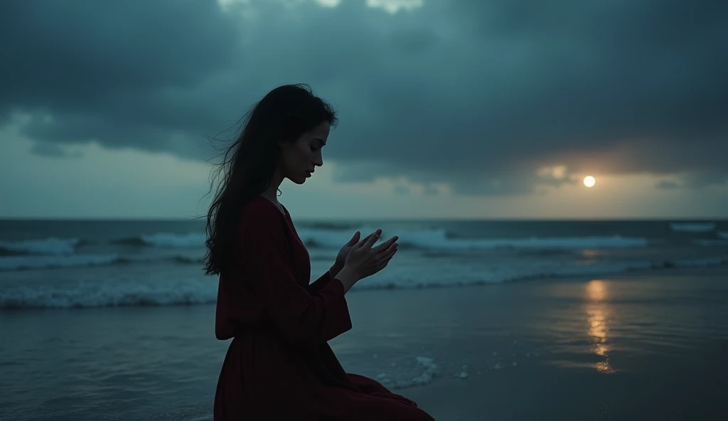 Photorealistic image of a woman in her late 20s, on her knees in prayer on a desolate seashore at twilight. The sky is overcast with dark clouds, casting a somber mood over the scene. Gentle waves lap at the shore, and the woman's long hair is slightly tousled by the sea breeze. Her expression is one of deep sorrow, with tears glistening on her cheeks. The soft, diffused light from the setting sun creates a melancholic atmosphere, emphasizing the isolation of the moment. Shot with a Canon 85mm lens, f/1.2 aperture, capturing intricate details and depth of field