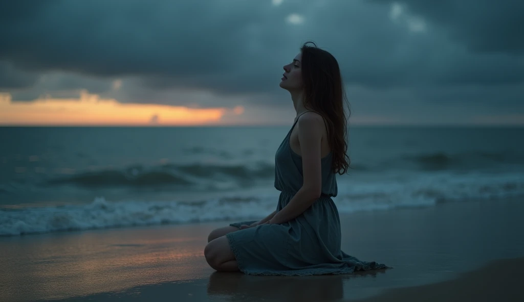 Photorealistic image of a woman in her late 20s, on her knees in prayer on a desolate seashore at twilight. The sky is overcast with dark clouds, casting a somber mood over the scene. Gentle waves lap at the shore, and the woman's long hair is slightly tousled by the sea breeze. Her expression is one of deep sorrow, with tears glistening on her cheeks. The soft, diffused light from the setting sun creates a melancholic atmosphere, emphasizing the isolation of the moment. Shot with a Canon 85mm lens, f/1.2 aperture, capturing intricate details and depth of field