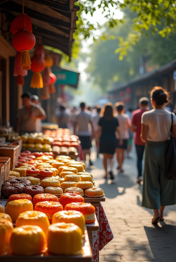 Image of tourists buying pressed cakes in Hue, Vietnam. For consumption or as gifts, Many customers