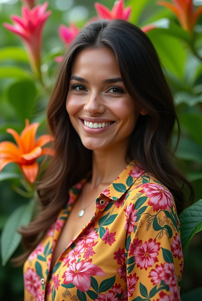 A Brazilian woman in a lush tropical garden, wearing an open shirt with a floral print, with a close-up capturing the harmonious beauty between her breasts and the natural flowers, showing off your natural charm and outgoing personality.
