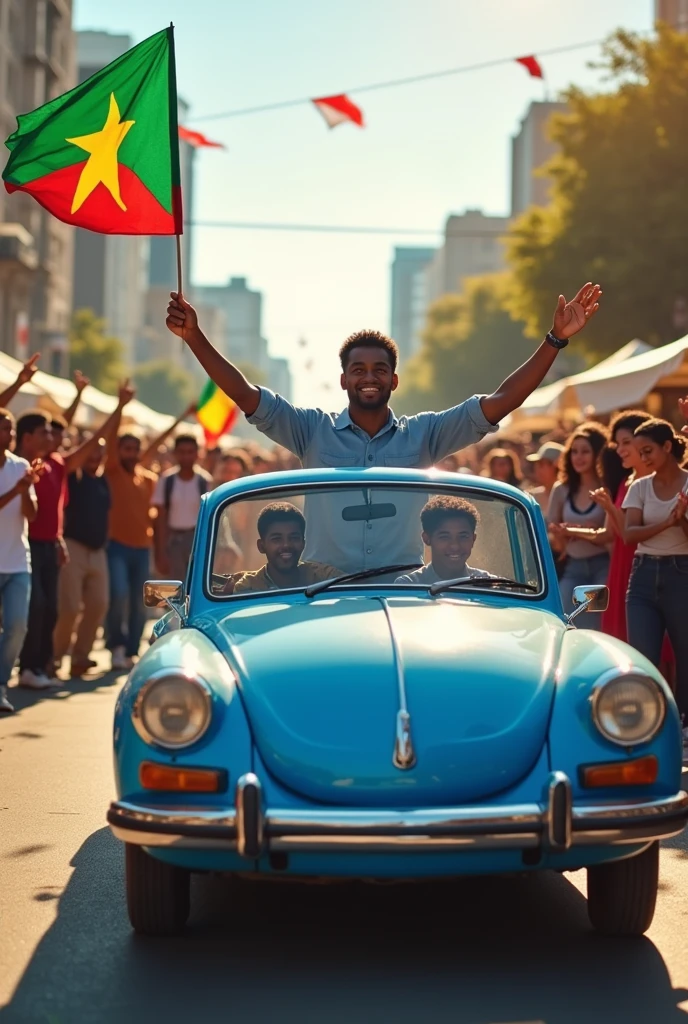 Facebook profile picture of somali driving a somali flag and somali people cheering.
