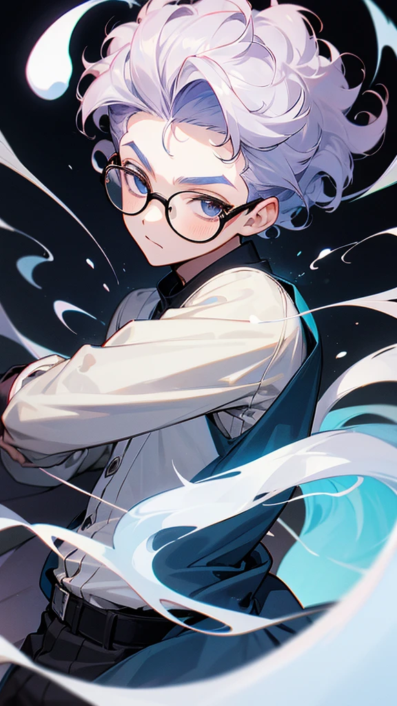 A boy with ghost powers who wears glasses, his hair is curly low fade style and manga style