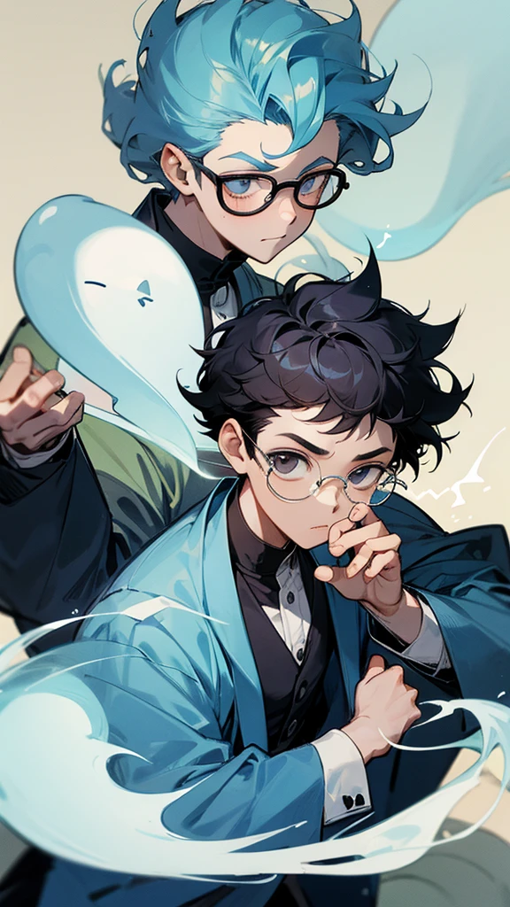 A boy with ghost powers who wears glasses, his hair is curly low fade style and manga style