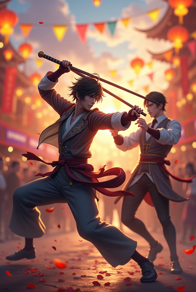 Heizou from genshin impact fighting with sticks with wriothesley