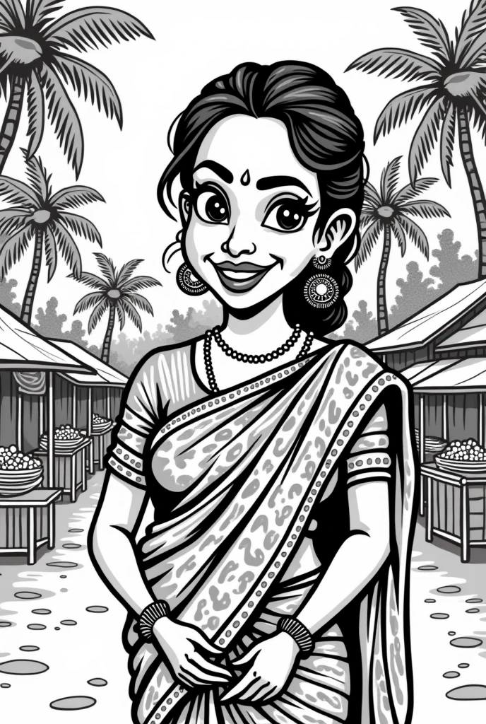 a gossiping ugly sri lankan aunty like nonchi kolam charcter with  black an white clip art
