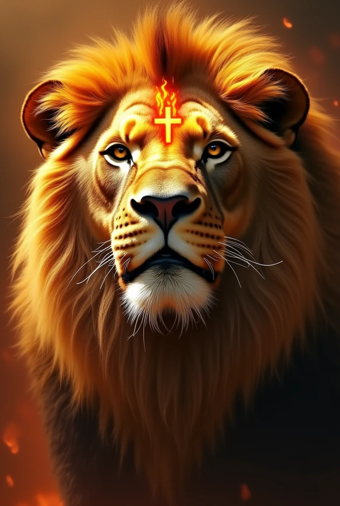 Create an image of a lion's face with a small transparent cross on fire in the middle of his face.