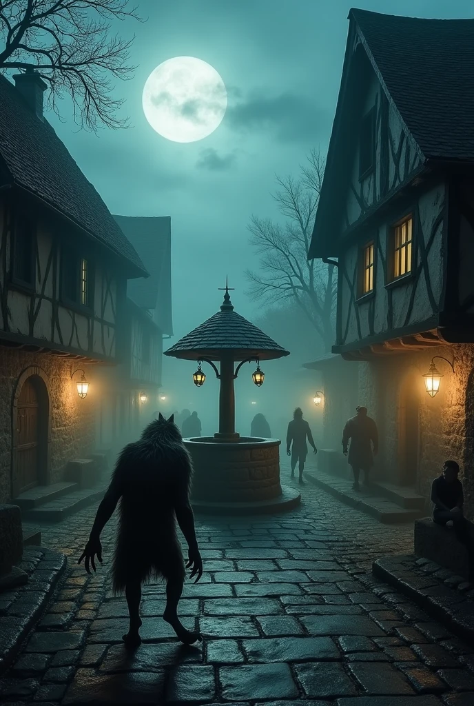 show a 6-7 scary werewolves image in village with the villagers, but the werewolf don't too bigger