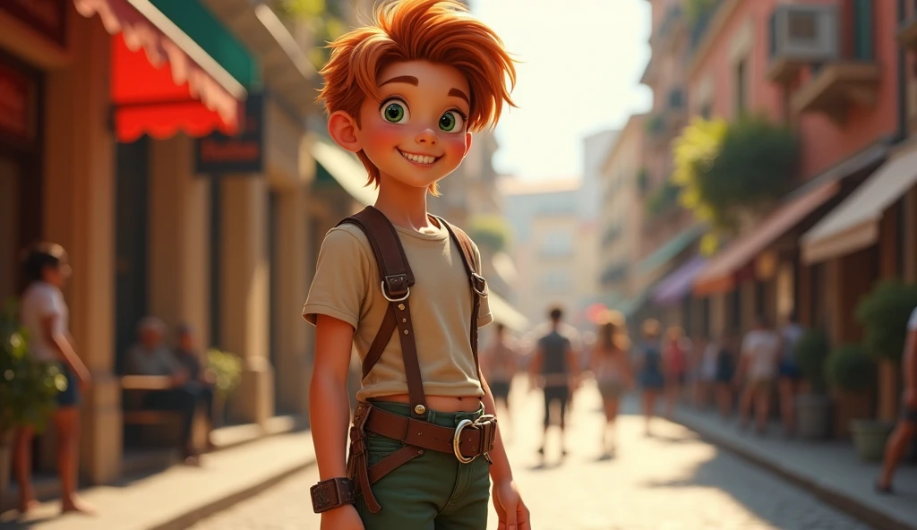 handsome 15 years old 1 boy with red medium hair and lower short ponytail, green eyes, standing on the European city street, leather harness with o-ring, short pants, beautiful legs, brown leather shoes, smile, masterpiece, 8k, high quality