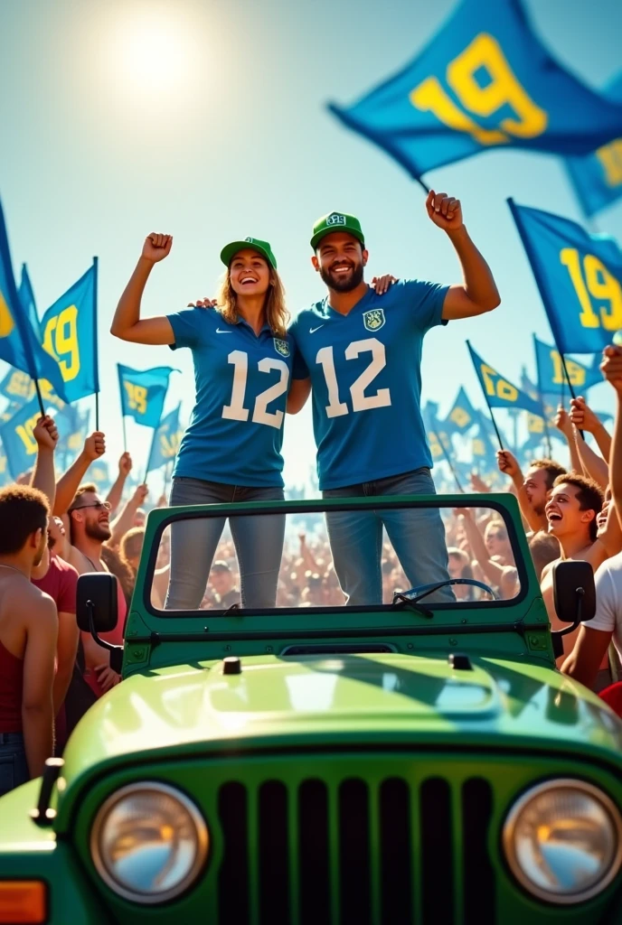 Drawing of two people on top of a green jeep. A woman wearing a blue shirt and cap with the number 12, and a man wearing a green shirt and green cap with the number 12, surrounded by a crowd with blue flags bearing the number 12 in white.
