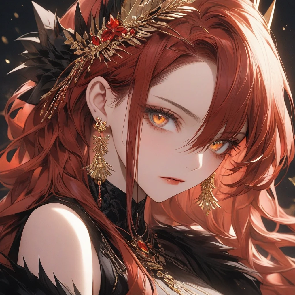 high resolution, Masterpiece, Anatomically correct, precise, qualityที่ดีที่สุด, quality, 1 woman, Age 20 years, very long hair, red hair, golden eyes, Unique hairstyles, big breasts, earring, Dark makeup, A cold expression., simple background, Close-up photography, decorations, Anime style , royality , villian ,evil , sharp eyes