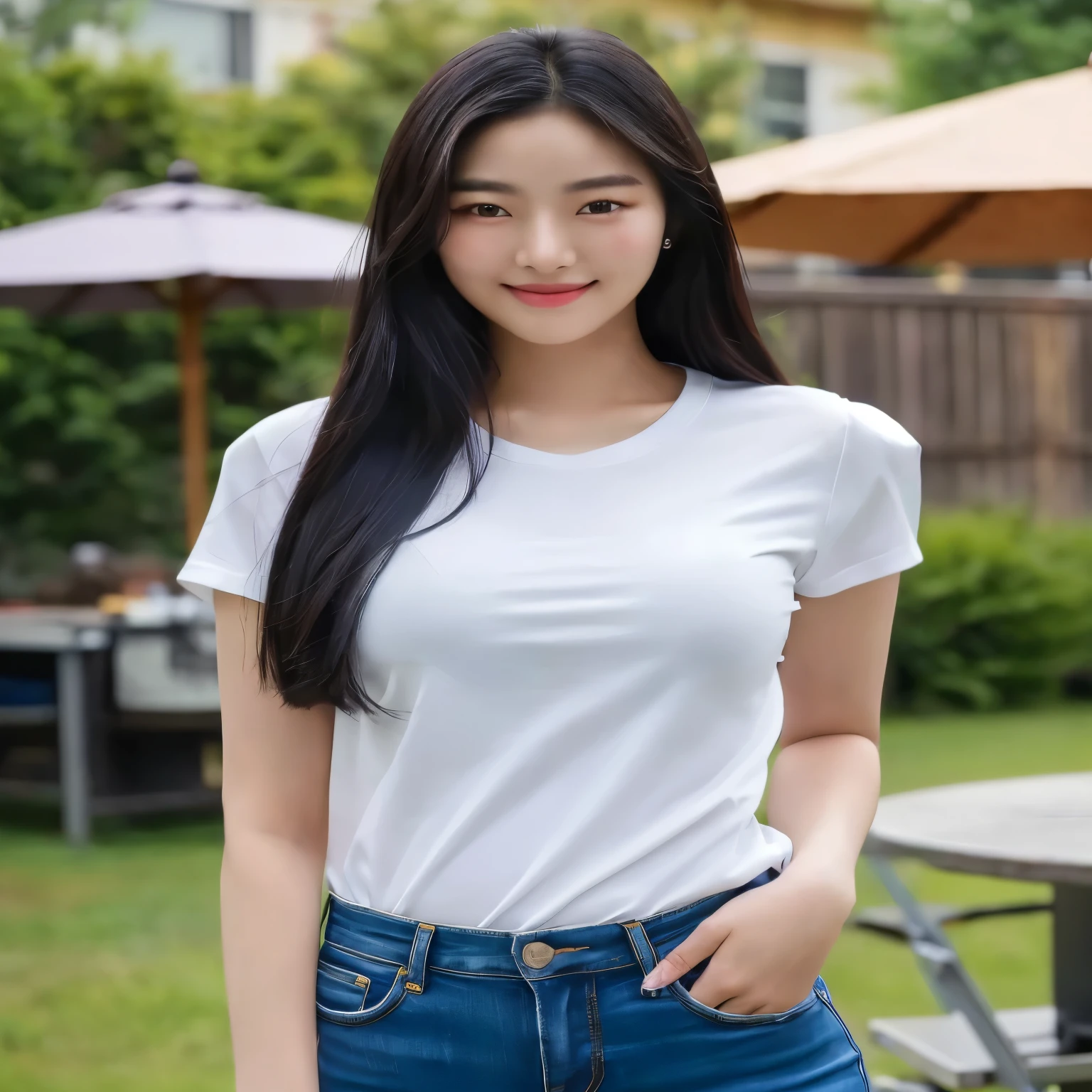 20-year-old Asian woman with dark skin in a white shirt and blue jeans is posing for a photo., gorgeous young korean woman, wearing The shirt is tight., beautiful south korean woman, The shirt is tight., Korean girl, beautiful young korean woman, นางแบบแฟชั่นkorean woman, korean woman, Jae Yeon Nam, Heonhwa Cho, Korean actress, สวมเสื้อยืดสีขาวsmile, chest, long hair, black hair, Masterpiece, precise, qualityที่ดีที่สุด, details, โมเดลhigh resolution, detailsมาก, quality, detailsสูง, 1 girl, high resolution, long hair, looking at the audience, smile, chest, 