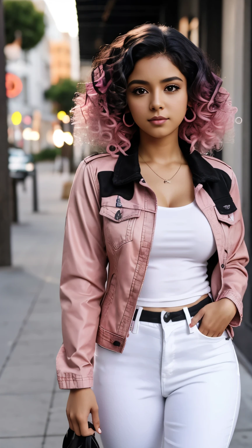 1 person, Brown Skin, (masterpiece), Curly Hair, Small breasts, Black Hair, Pink Eyes, Black jacket, White shirt, jeans, Anime, Latina, Pink Hair