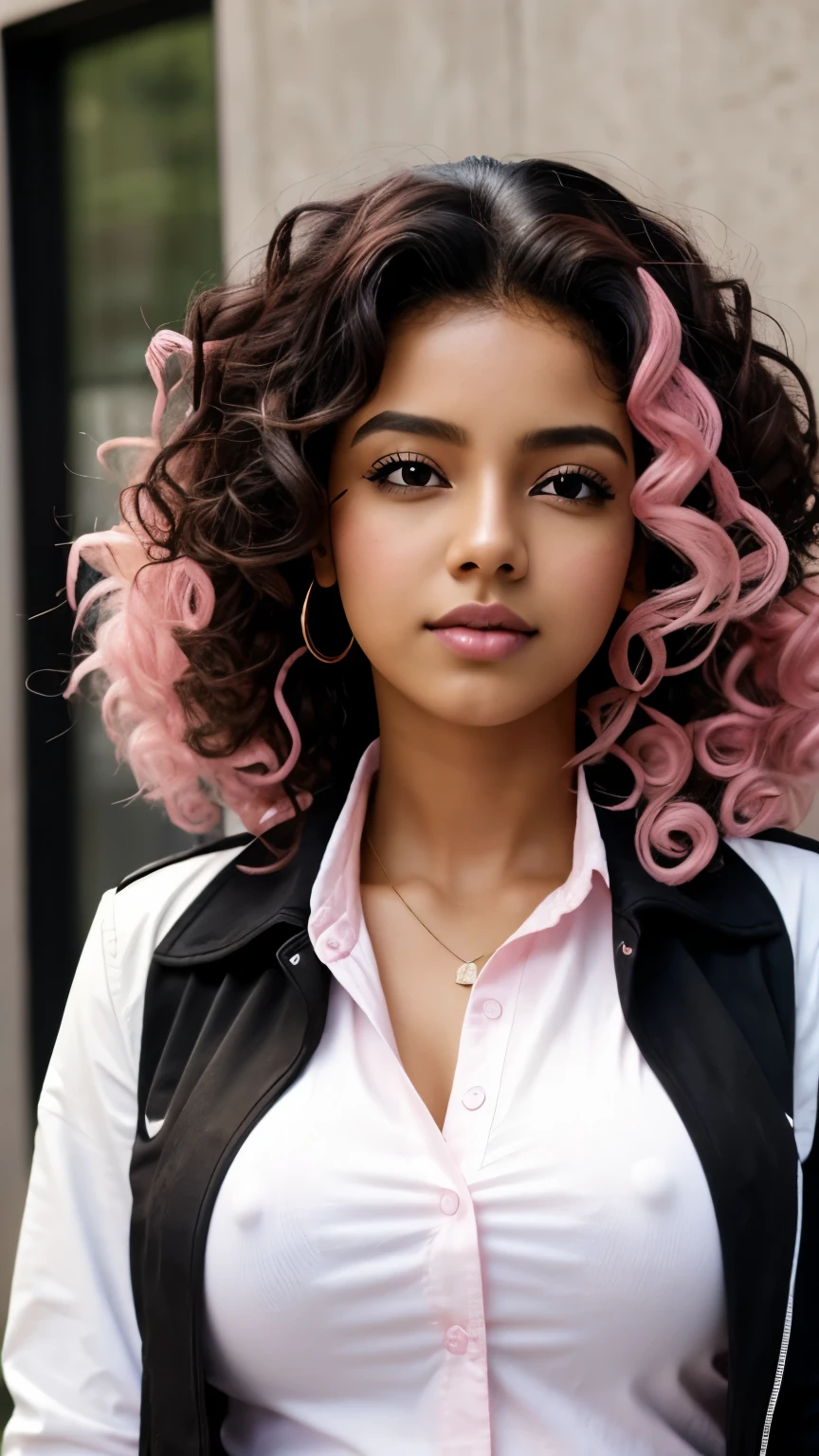 1 person, Brown Skin, (masterpiece), Curly Hair, Small breasts, Black Hair, Pink Eyes, Black jacket, White shirt, jeans, Anime, Latina, Pink Hair