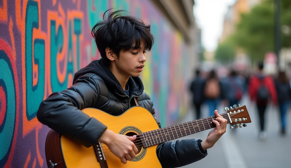 Asian guy 16 year old, black neat messy hair, playing guitar in a city, tourist fence, Receive coins. TAGS: handsome guy, playing the guitar, citys, tourists, Receive coins, music, Street artist, lively atmosphere, Ruas movimentadas, swirly vibrant colors, street art, cultural experience