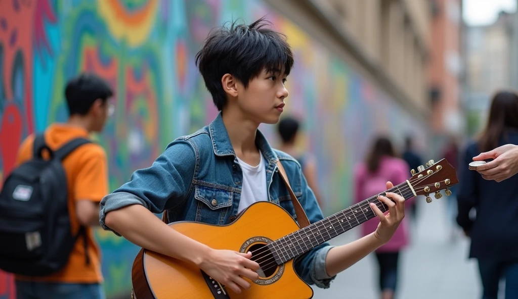 Asian guy 16 year old, black neat messy hair, playing guitar in a city, tourist fence, Receive coins. TAGS: handsome guy, playing the guitar, citys, tourists, Receive coins, music, Street artist, lively atmosphere, Ruas movimentadas, swirly vibrant colors, street art, cultural experience