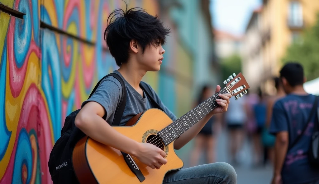 Asian guy 16 year old, black neat messy hair, playing guitar in a city, tourist fence, Receive coins. TAGS: handsome guy, playing the guitar, citys, tourists, Receive coins, music, Street artist, lively atmosphere, Ruas movimentadas, swirly vibrant colors, street art, cultural experience