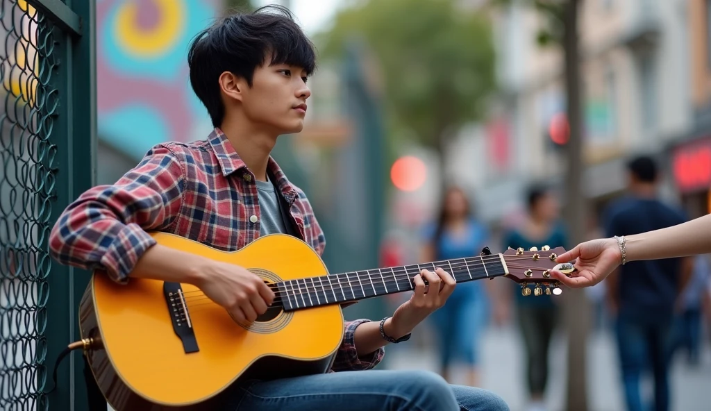 Asian guy , black neat messy hair, playing guitar in a city, tourist fence, Receive coins. TAGS: handsome guy, playing the guitar, citys, tourists, Receive coins, music, Street artist, lively atmosphere, Ruas movimentadas, swirly vibrant colors, street art, cultural experience
