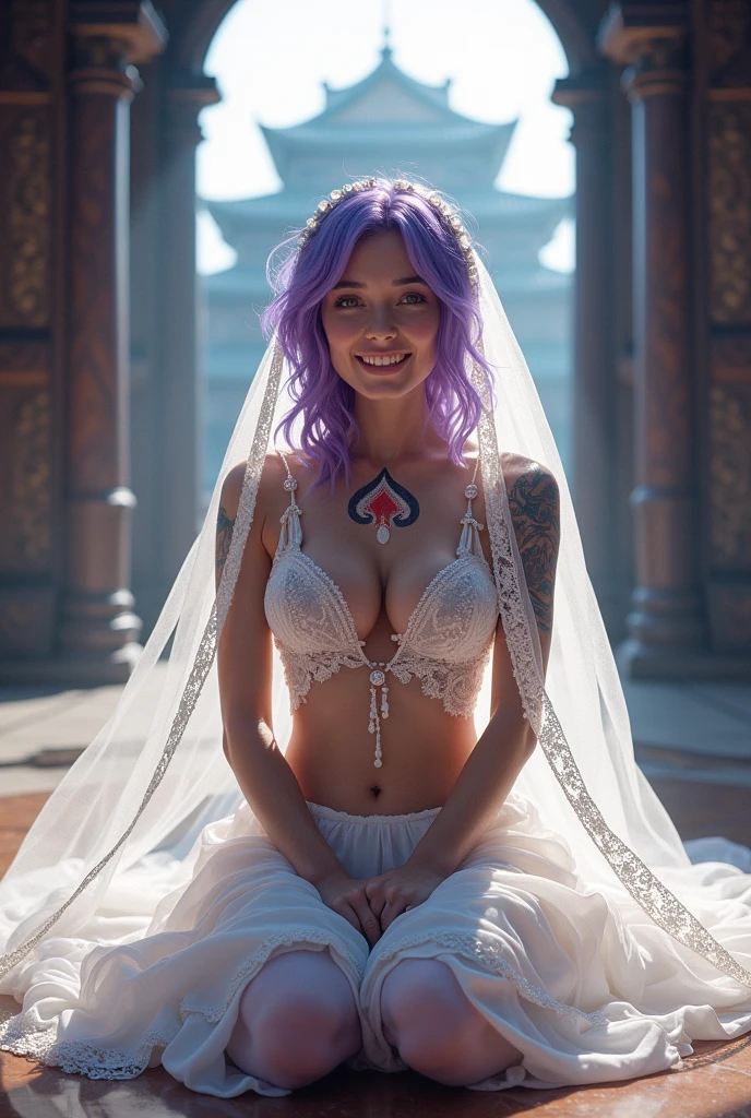 bride,Wedding dress,veil,in the church,Happy smile,Church of Light,Light magic, negaive energy, hell, Blank, Star, A girl,M-pose,Kneel on stage,Photos,Unreal Engine 5 Photorealistic Rendering,(Cover comic magazine:1.6),game character, Role Player, Standing on Kyoto Castle, Pretty Face, Arm tattoo,Tattoo on the chest,ace of spades,Belly tattoo,Body hyperreality,thick muscles,Wet body,Liquid dripping from the body,Sweat,excellent!! Types with bobelon, Moisturizing and radiant body, Expose below the breast,Purple long hair,White translucent clothes,Put your hands behind your back,Heart-shaped,White suspender stockings,Side back,Fisheye View