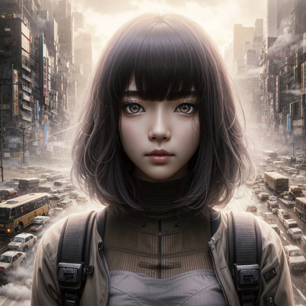 Surreal, masterpiece, highly detailed, sci-fi, dystopia, (beautiful eyes), (bangs), black hair, young Japanese beauty, detailed face, detailed skin, baggy clothes, high socks, skirt, cyber Punk, soft light, subsurface scattering, ((skyline)), cumulonimbus clouds, busy streets, pollution, dust.