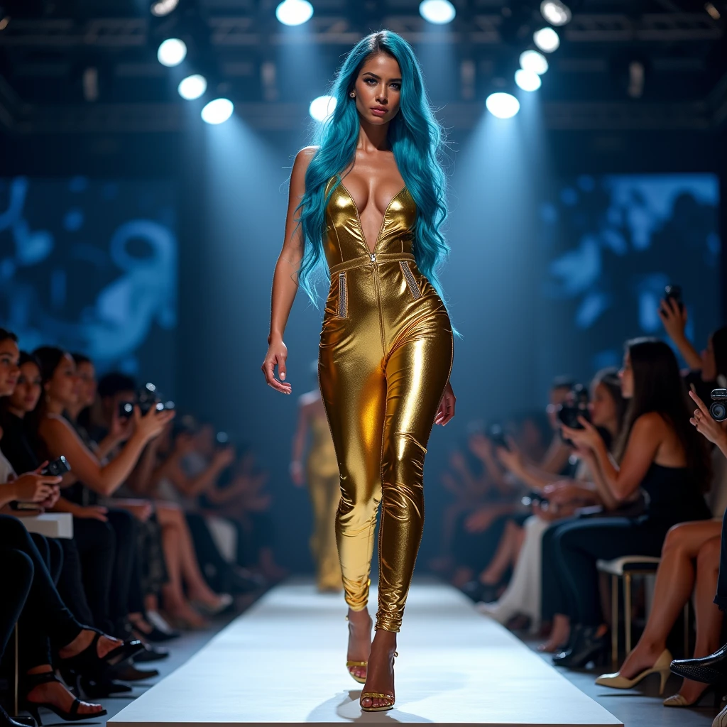 A beautiful biracial latina woman, blue long wavy hair, light blue eyes, large breasts, serene pose, Parade on the podium of a fashion show, gold neon designer clothes, high heels, lot of photographer, Light scene,Résolution Haute, extremely detailed full body