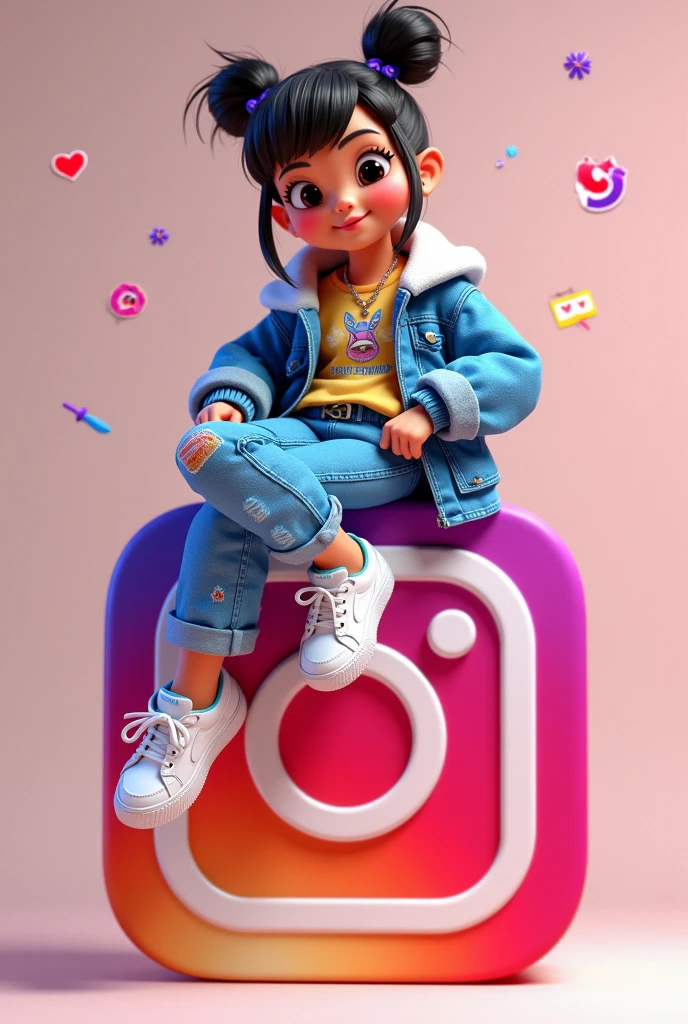 - " Create a 3D illustration of an animated character standing casually on top of social media logo "Instagram". The girl character must wear causal modern clothing such as Jeans jacket sneakers shoes. The background of the image is a social media profile page with username "Noha Nazreen" and a profile picture that matches animated character. "