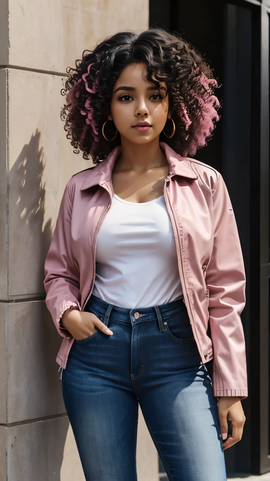 1 person, Brown Skin, (masterpiece), Curly Hair, Small breasts, Black Hair, Pink Eyes, Black jacket, White shirt, jeans, Anime, Latina, Pink Hair