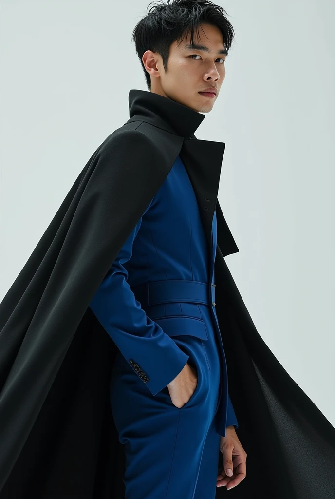 (Vuelta Hoang,High resolution,Hyperdetail,NffSW),masterpiece,Best Quality,1,elegant,Short and detailed haine eyes and detailed face,Blue and light blue suit, with a black pier type cloak coat and dimples,Simple black and white background,self-disappearance,with black dyed hair,normal skin