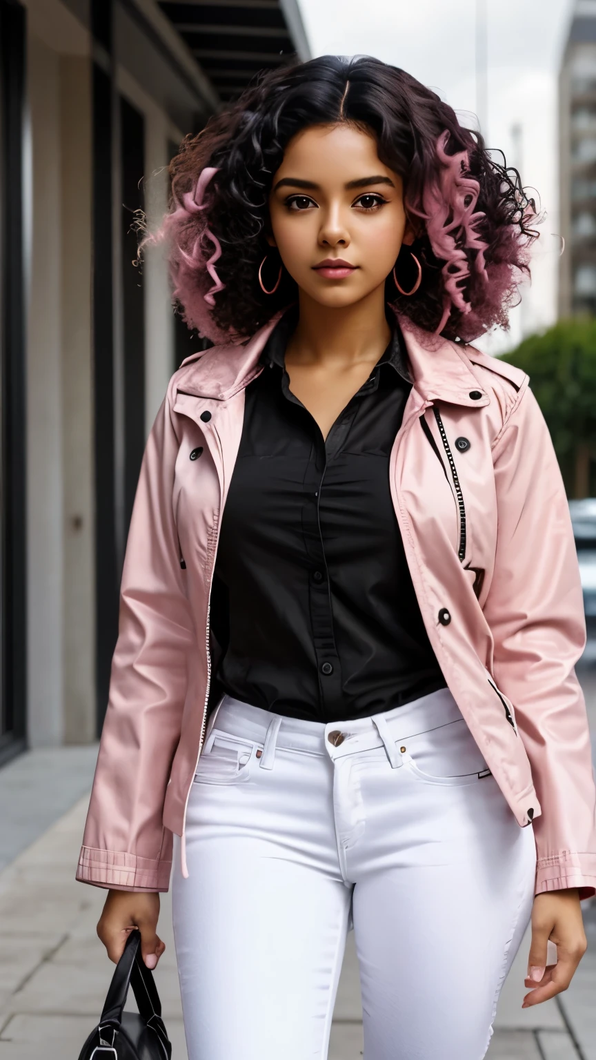 1 person, Brown Skin, (masterpiece), Curly Hair, Small breasts, Black Hair, Pink Eyes, Black jacket, White shirt, jeans, Anime, Latina, Pink Hair