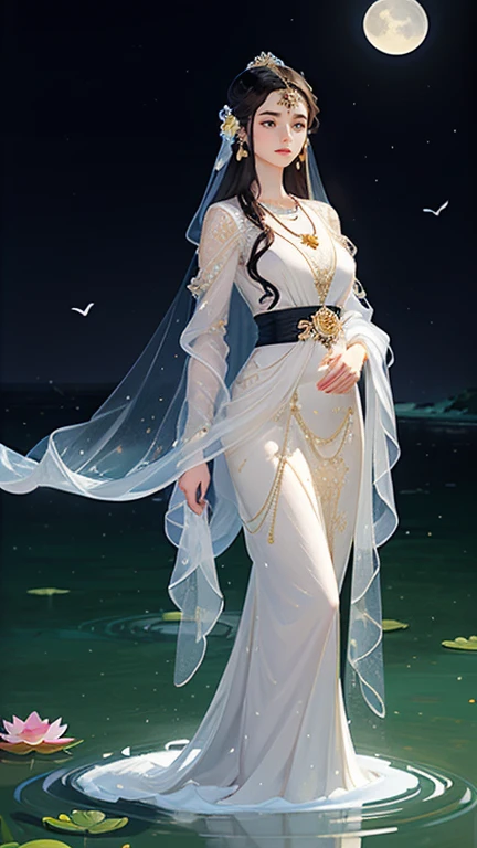 (masterpiece,Highest quality,,8k,High resolution),One female,,Compassionate Mother Kannon,Black Hair,,Wave,,Standing on the surface of the water,,flower,bird,,moon,,jewelry,Holding,Long sleeve,Veil,necklace,Lotus,Long Hair,dress,(whole body),Highly detailed CG,