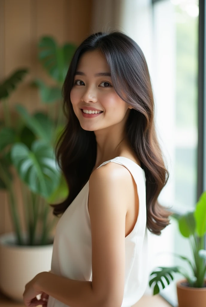 A 35-year-old Japanese woman wearing a sleeveless shirt, facing forward in a room.