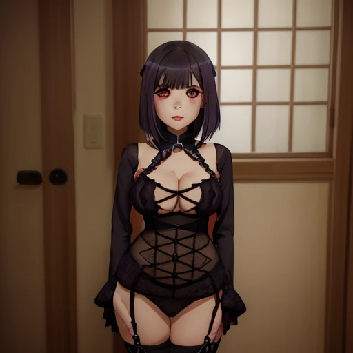 chibi, Beautiful girl , sexy busty, Short hair with bangs, full body portrait , NSFW , gothic makeup high resolution 12k , perfect detailed