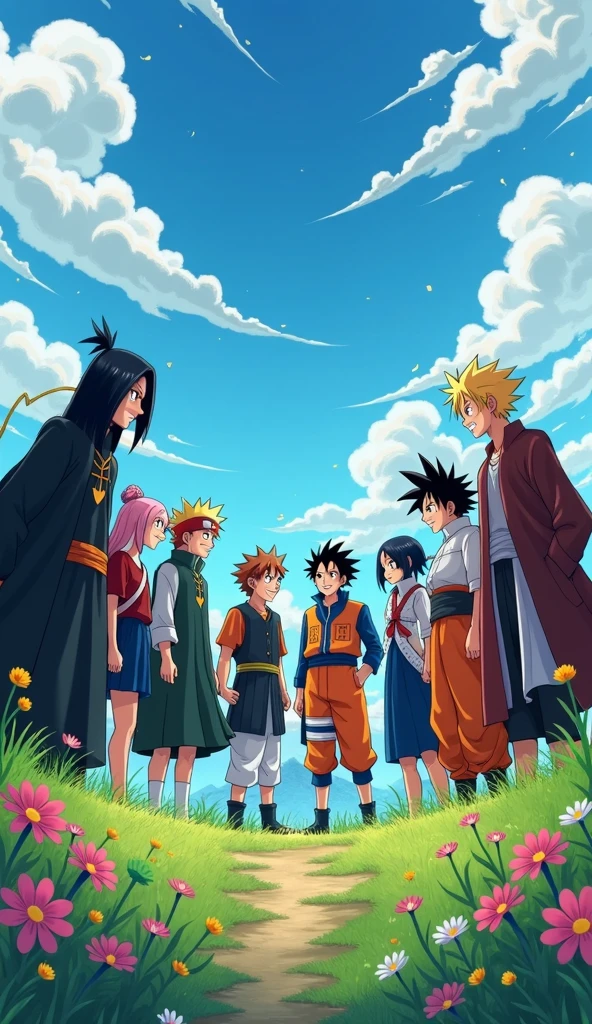 Madara,sukuna,gojo,Goku,Naruto,Itachi,sasuke,mahito,sung jin woo,pain,luffy and Zoro enjoying their togetherness like good friends showing the example of togetherness and passion of teamwork .