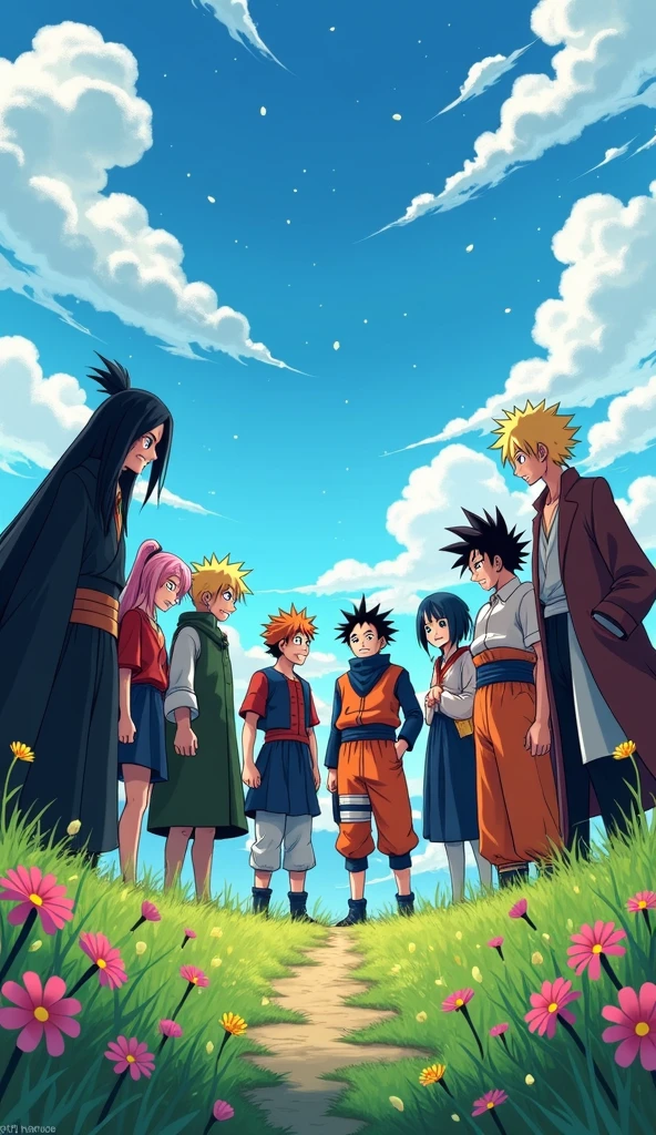Madara,sukuna,gojo,Goku,Naruto,Itachi,sasuke,mahito,sung jin woo,pain,luffy and Zoro enjoying their togetherness like good friends showing the example of togetherness and passion of teamwork .