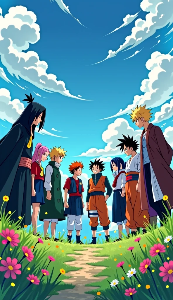Madara,sukuna,gojo,Goku,Naruto,Itachi,sasuke,mahito,sung jin woo,pain,luffy and Zoro enjoying their togetherness like good friends showing the example of togetherness and passion of teamwork .