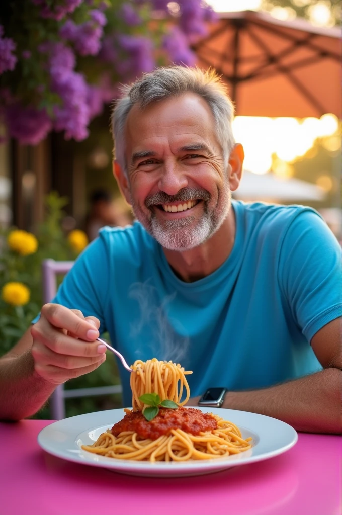 Man eating food in the pink table
