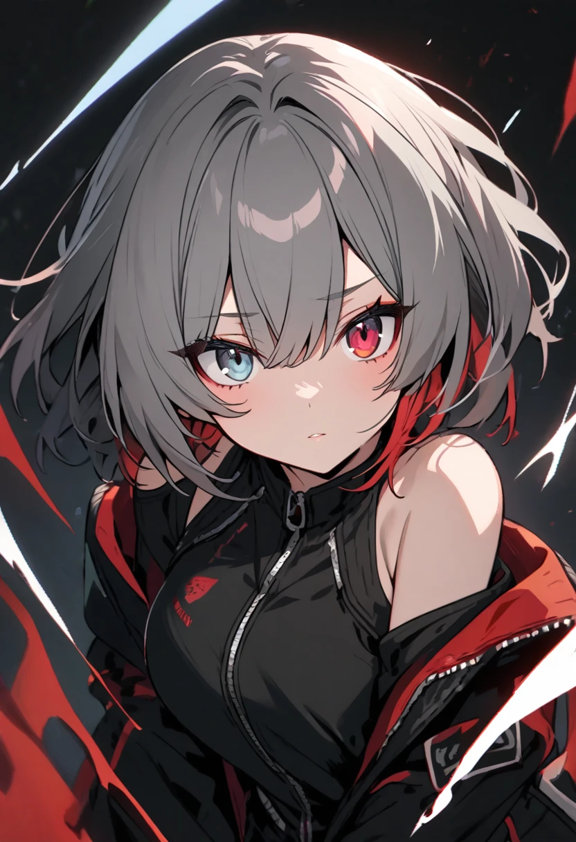 high resolution , cute ,One Woman , Gray Hair, Two-tone black ,short hair , Beautiful Eyes ,red and black heterochromia ,♰Eyes and shoulders are protruding ,Jacket