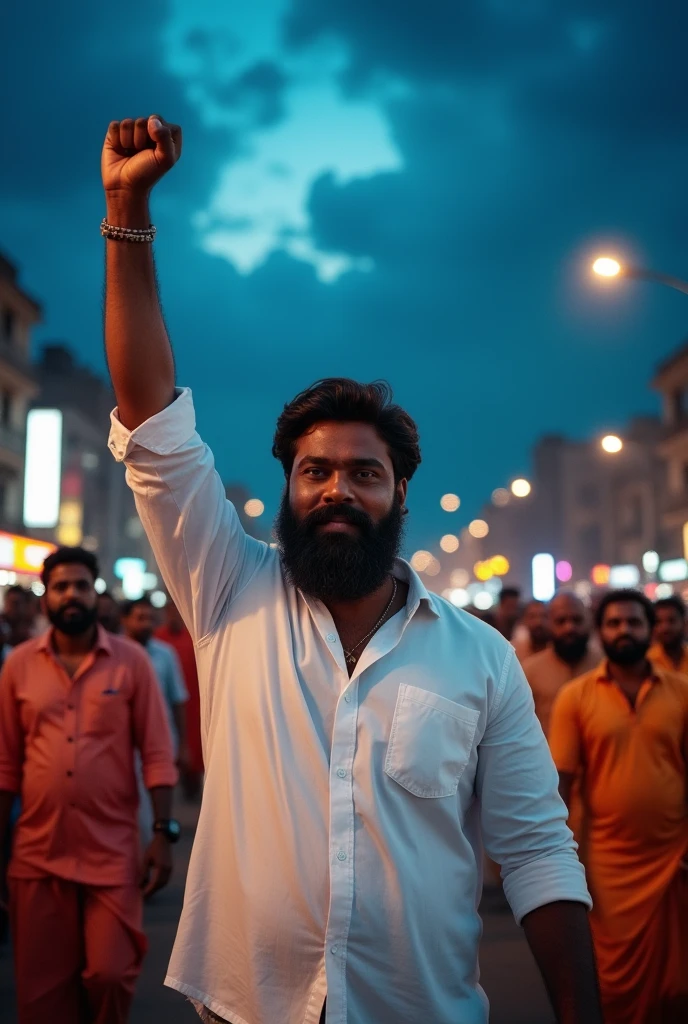 A man with dark hair and beard and wearing white shirt full sleeve standing in front of a tamilnadu men crowd with a street light in night in the background triumphant gesture against a dramatic sky with clouds and a cityscape in the background
