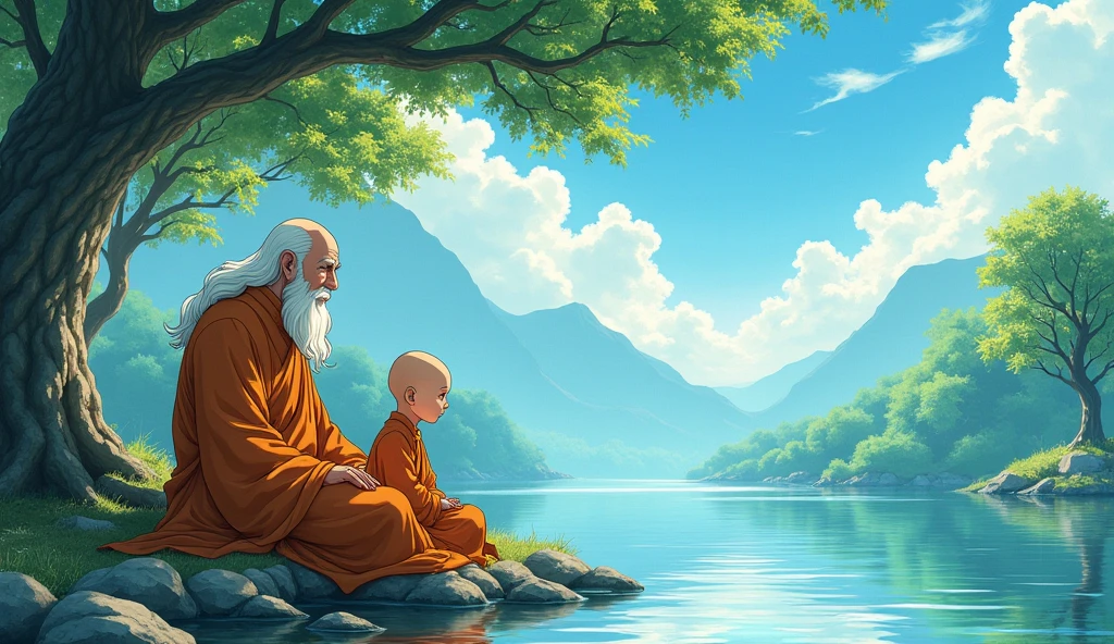 Old monk master sitting with his young monk student beside riverbank and student monk asking to monk master, trees, beautiful scenario, in anime style,