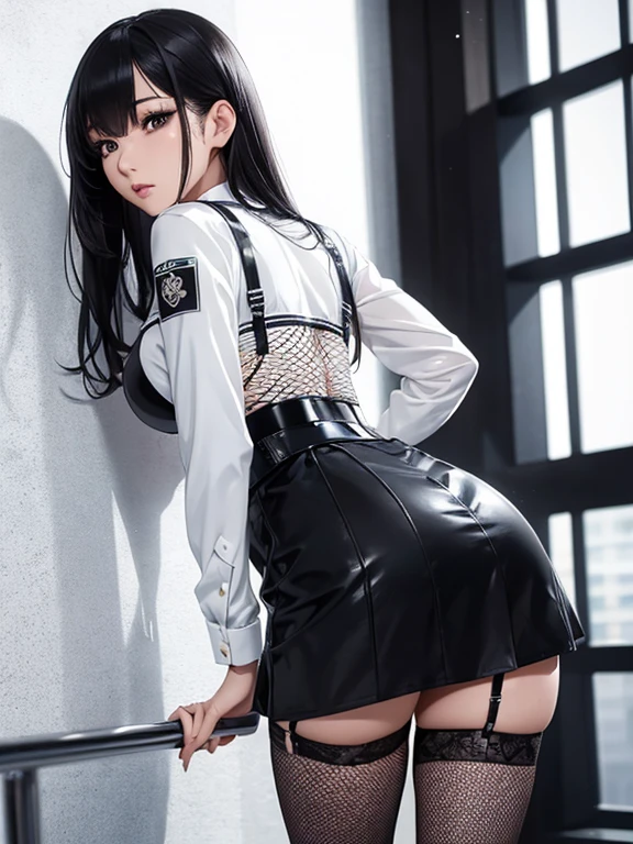 Photorealistic, high resolution, A Japanese Police woman named Kimmi, solo, heavy makeup, Hips up, (standing) (Detailed face), Black hair, Long hair, black and white corset, white lace Panties , black micro skirt, fishnet Stockings. Fully clothed.