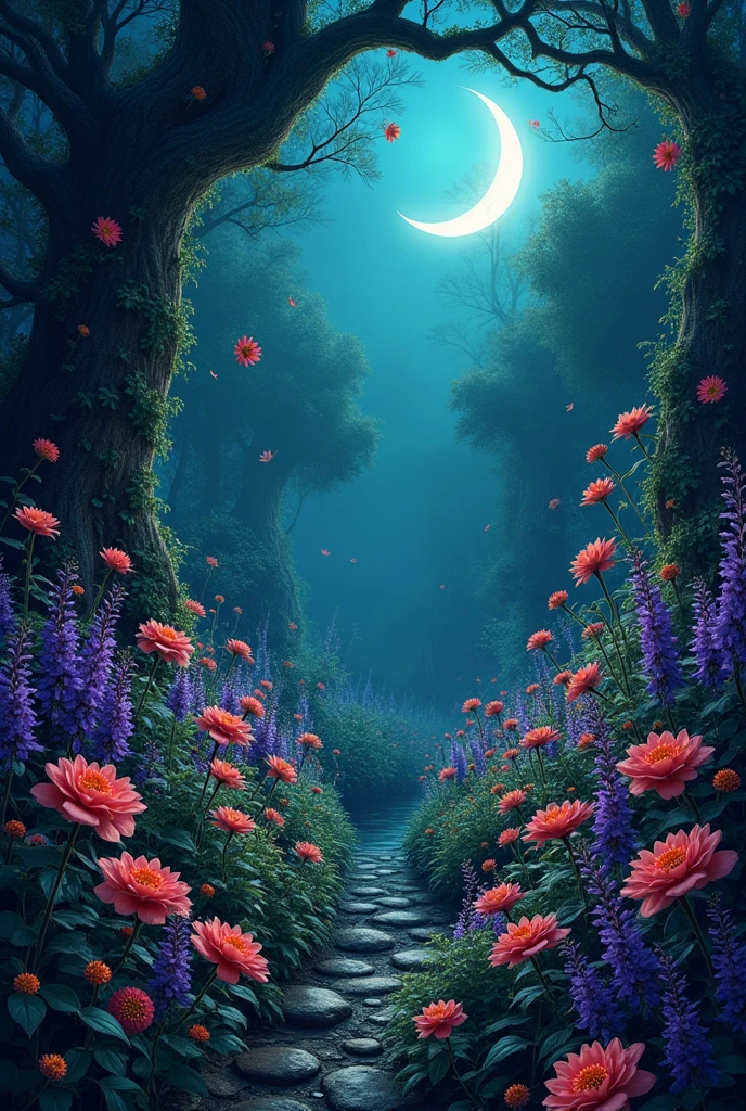 magical but dark background, with flowers of different colors and a vibe of enchanting but dark