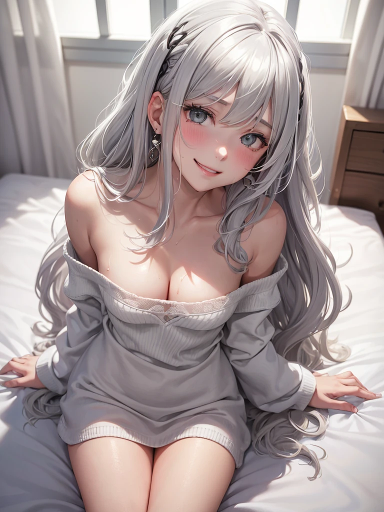 1Girl, Solo, Anime, Ideal body, (Cleavage, Small Breast:1.2). Beautiful, Gorgeous, Fresh, Young,  Blunt Bangs.(White Grey Hair:1.5), (Straight and Wavy Long Hair:1.3), Virgin Sweater, Cotton, Comfort, (Sitting on bed:1.3). Earrings, Thin Black Headband, Green Accessories, Environmental Details, Bed Room, Natural Light, Modern Bed, Chair, Window, White Curtain, City View. Top view. pov, anime style, UHD, retina, masterpiece, accurate, anatomically correct, textured skin. High Resolution, Looking at viewer, Blush, Best Quality, Award Winning, Accurate, Embarrassed, seductive smile, sweating, Naughty Face, Naughty smile, Gradient Eye Color.