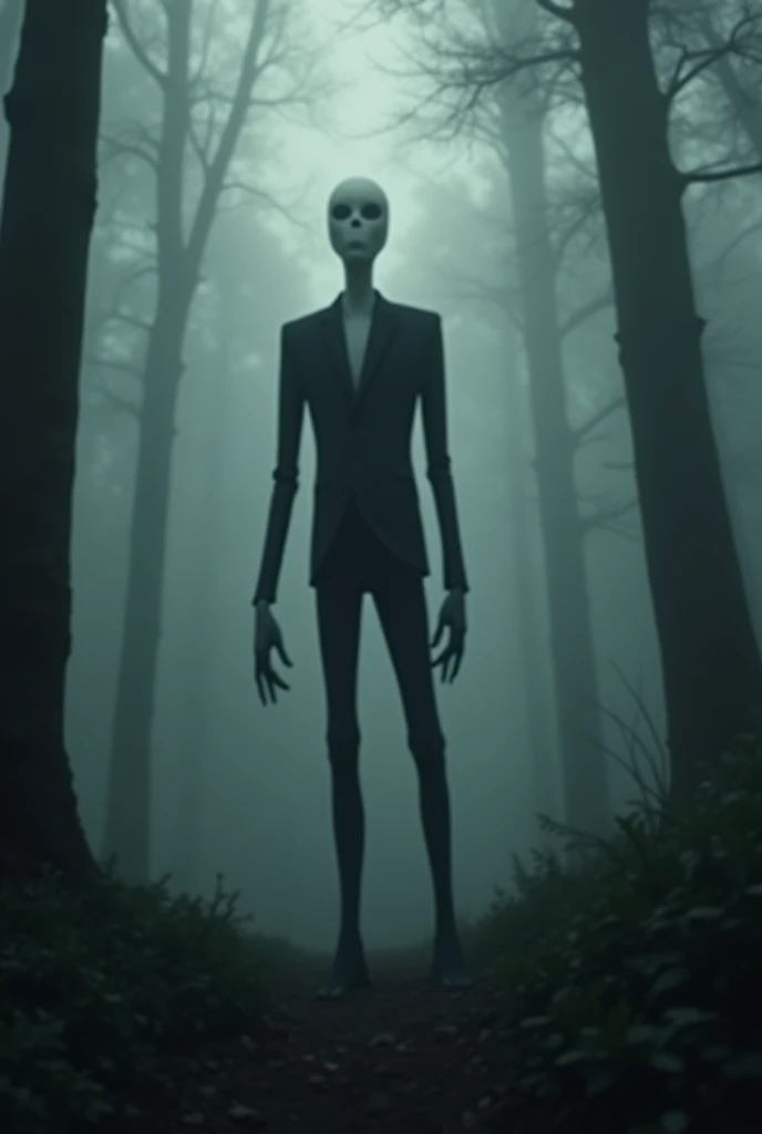 Scrawny man standing in dark forest surrounded by fog, (eerie figure in black suit with very long arms and legs and no face:1.3), disturbing silhouette, young, scrawny, tall silhouette, one dark figure standing in ominous forest, blur, horror, dark fantasy, moody, cinematic lighting, (The words "Slender Man" written in large letters at the bottom of the screen:1.2),