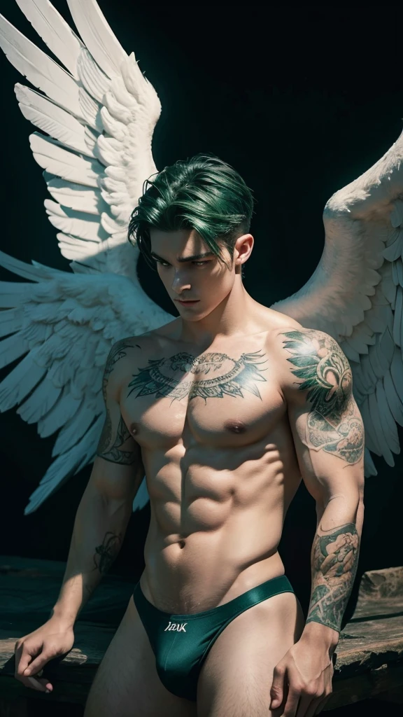 A muscular male angel, wings made-up of emrald gemstones, majestic pose, bare perfect body, smooth skin, emerald green colour hair, green eyes, perfect face, sexy expression, full-body tattoos, tattoo on chest, (best quality,4k,8k,highres,masterpiece:1.2),ultra-detailed,(realistic,photorealistic,photo-realistic:1.37),highly detailed, gothic, descending from sky, majestic lighting from background
