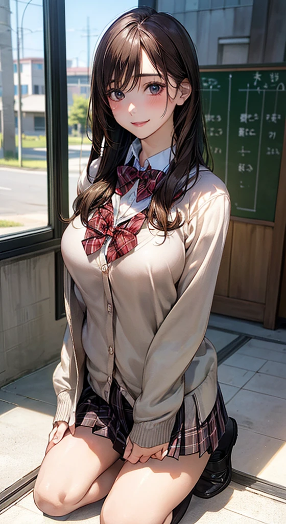 (masterpiece:1.2, top-quality), (realistic, photorealistic:1.4), beautiful illustration, 
looking at viewer, full body, front view:0.6, 
1 girl, japanese, high school girl, (long hair:1.5), blown hair, bangs, hair between eye, large breasts:1.3, busty, 
beautiful hair, beautiful face, beautiful detailed eyes, beautiful clavicle, beautiful body, beautiful chest, beautiful thigh, beautiful legs, beautiful fingers, 
(beautiful scenery), school,
((collared shirt, white shirt, school uniform, light brown cardigan, gray pleated skirt,red plaid bow tie)), white panties, 
(Kneeling, dynamic pose, arms up, hands on boobs), 
smile:1.5, naughty face