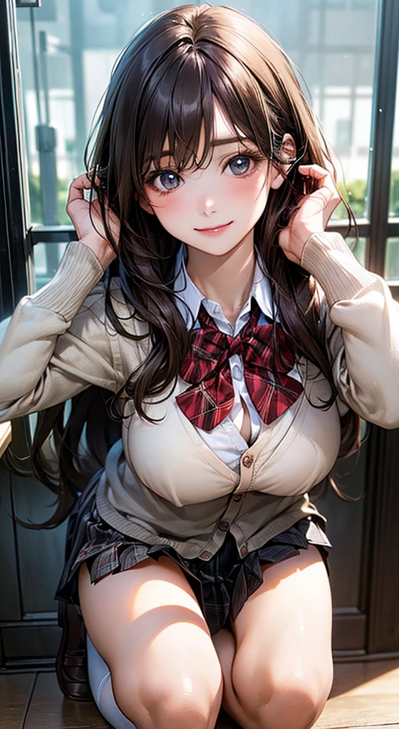 (masterpiece:1.2, top-quality), (realistic, photorealistic:1.4), beautiful illustration,
looking at viewer, full body, front view:0.6,
1 girl, japanese, high school girl, (long hair:1.5), blown hair, bangs, hair between eye, large breasts:1.3, busty,
beautiful hair, beautiful face, beautiful detailed eyes, beautiful clavicle, beautiful body, beautiful chest, beautiful thigh, beautiful legs, beautiful fingers,
(beautiful scenery), school,
((collared shirt, white shirt, school uniform, light brown cardigan, gray pleated skirt,red plaid bow tie)), white panties,
(Kneeling, dynamic pose, arms up, hands on boobs),
smile:1.5, naughty face