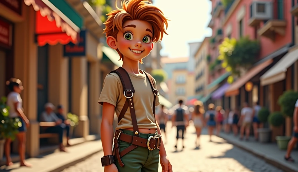 handsome 15 years old 1 boy with red medium hair and lower short ponytail, green eyes, standing on the European city street, leather harness with o-ring, short pants, beautiful legs, brown leather shoes, smile, masterpiece, 8k, high quality