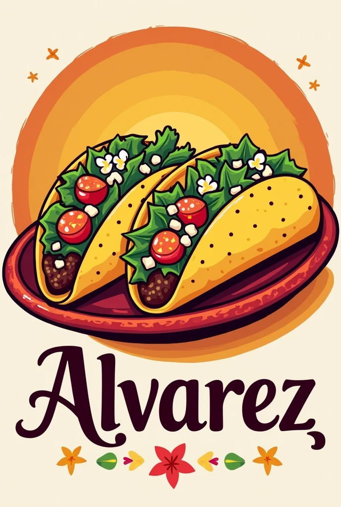 flat vector logo of a plate with Mexican tacos with the name"Alvarez"