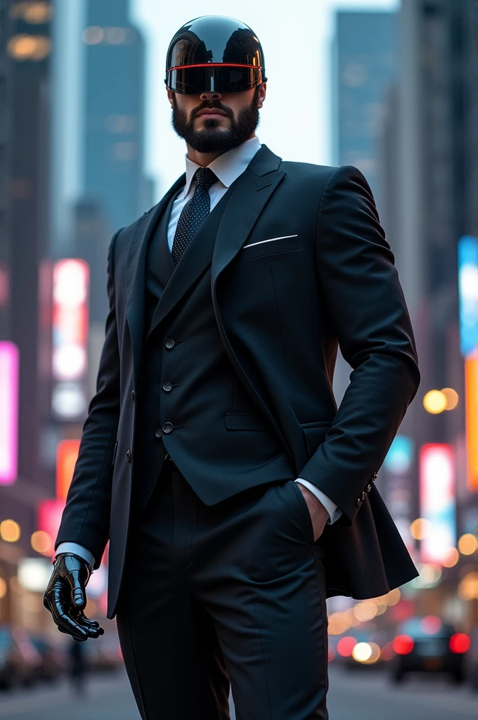Robocop wears a men's fashion suit.