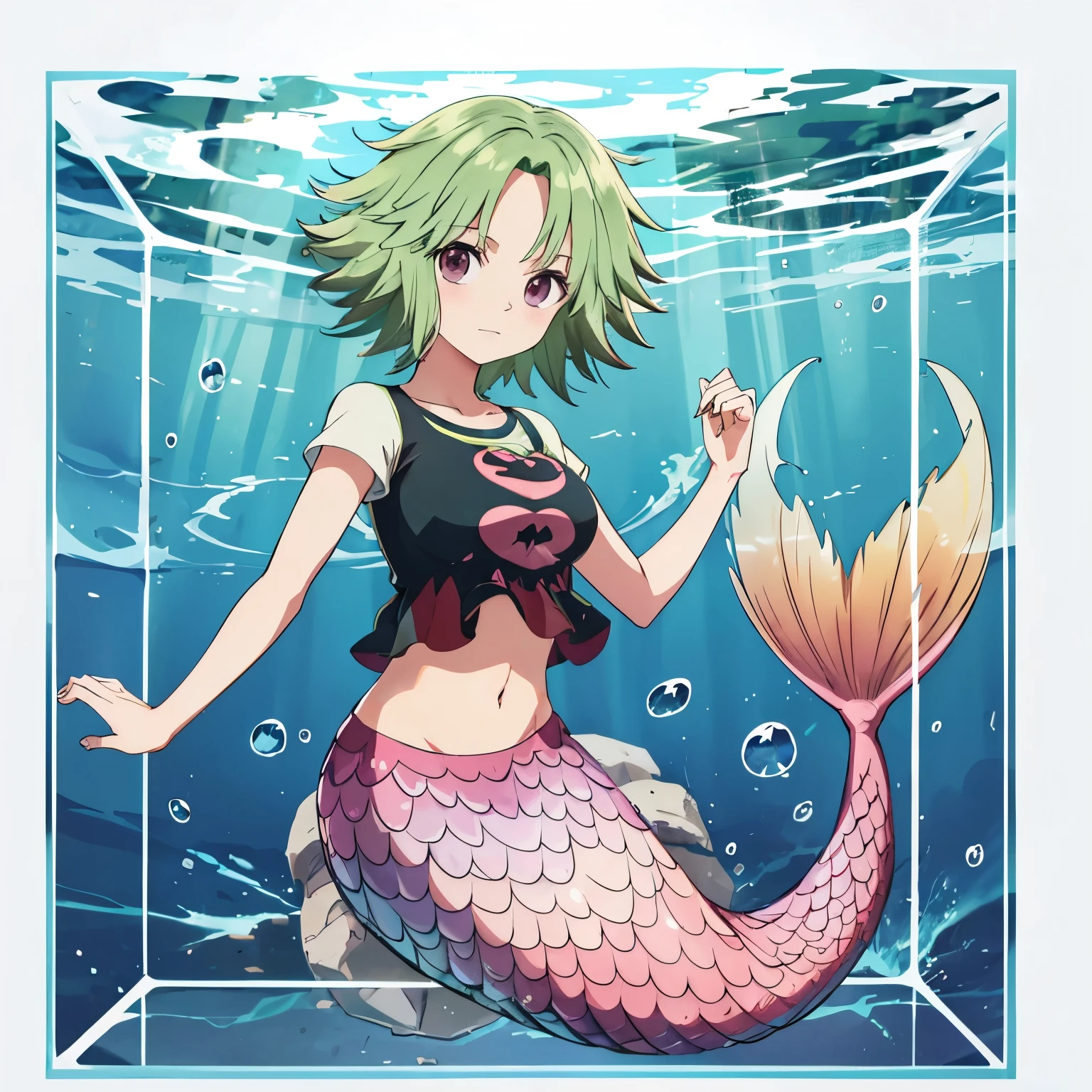 mermaid,camie,short hair,green hair,crop top, raglan sleeves, short sleeves,