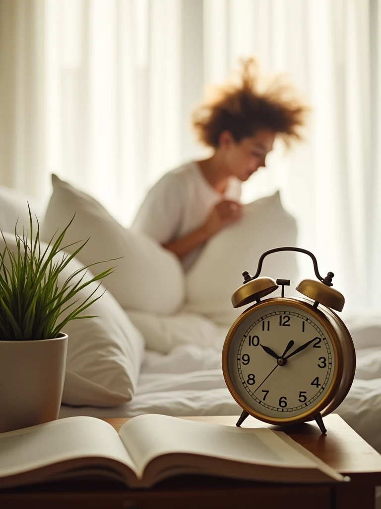 A close-up of an alarm clock showing 6:00 AM, with soft morning light shining through a window. The clock is on a bedside table next to a neatly made bed. In the background, a person is energetically getting out of bed, ready to start the day. The scene is warm and inviting, with a sense of renewal and motivation.